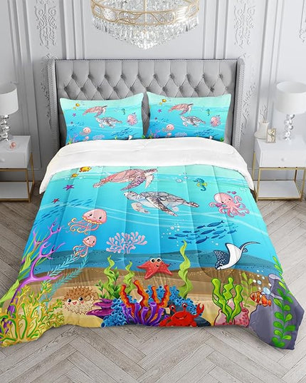 Turtle Comforter Set Queen Ocean Watercolor Sea Turtle Bedding Set Tropical Fish Marine Life Bed Set with 2 Pillowcases for Kids Room Decor - LeafyLoom