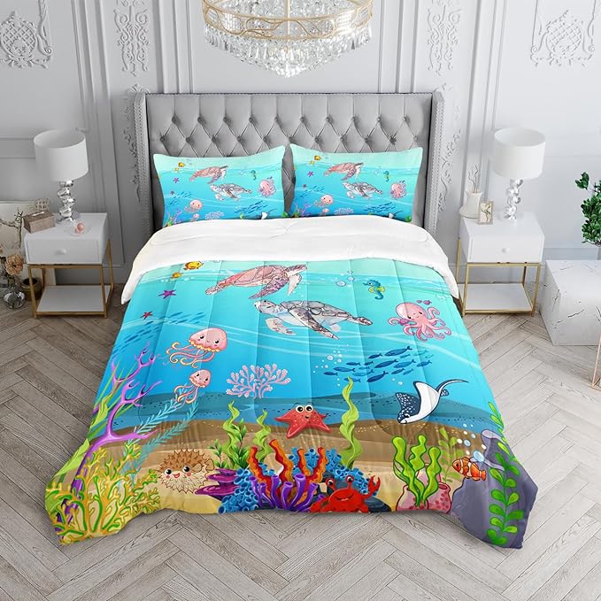 Turtle Comforter Set Queen Ocean Watercolor Sea Turtle Bedding Set Tropical Fish Marine Life Bed Set with 2 Pillowcases for Kids Room Decor - LeafyLoom
