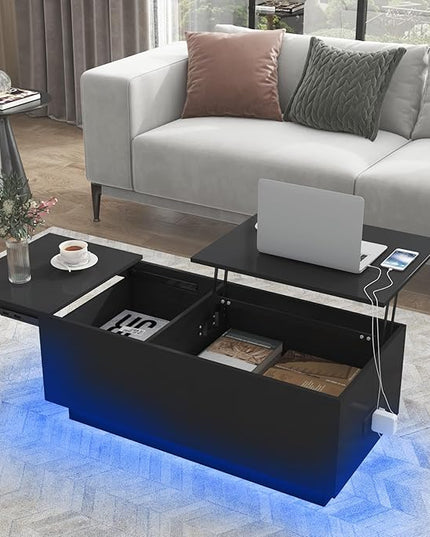 HOMMPA LED Coffee Table for Living Room Lift Top Coffee Tables with Power Outlet Black Morden Center Table with Storage Hidden Compartment High Gloss Lift Tabletop - LeafyLoom