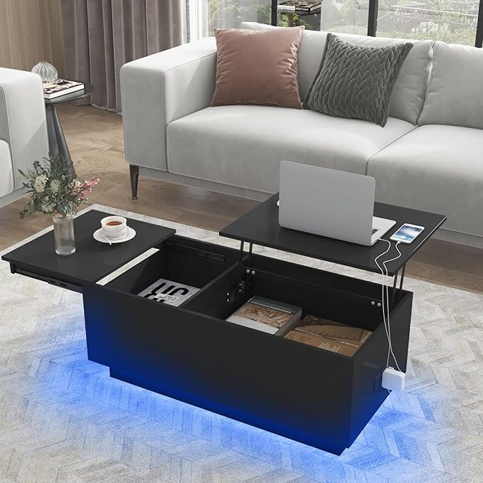HOMMPA LED Coffee Table for Living Room Lift Top Coffee Tables with Power Outlet Black Morden Center Table with Storage Hidden Compartment High Gloss Lift Tabletop - LeafyLoom