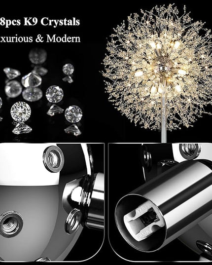 BesLowe 69'' Crystal Floor Lamp for Living Room, Modern Standing Lamp with 738PCS K9 Crystals, Tall Lamp Pole Light for Bedroom Office, Mid Century Silver Floor Lighting with 9 LED Bulbs, Chrome - LeafyLoom