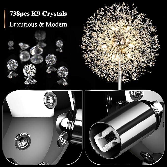 BesLowe 69'' Crystal Floor Lamp for Living Room, Modern Standing Lamp with 738PCS K9 Crystals, Tall Lamp Pole Light for Bedroom Office, Mid Century Silver Floor Lighting with 9 LED Bulbs, Chrome - LeafyLoom