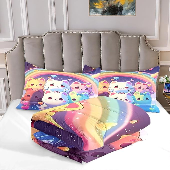 Rainbow Cat Comforter Full Size - Rainbow Cat Bedding for Girls Room Cute Cartoon Rainbow Bedding Full Comforter Sets for Kids, 1 Comforter+2 Pillowcases - LeafyLoom
