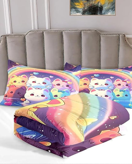 Rainbow Cat Comforter Queen Size - Rainbow Cat Bedding for Girls Room Cute Cartoon Rainbow Bedding Queen Comforter Sets for Kids, 1 Comforter+2 Pillowcases - LeafyLoom