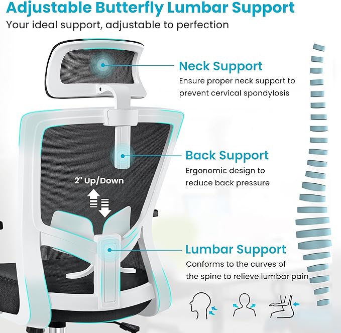 Office Chair Ergonomic Desk Chair High Back Computer Chair Swivel Mesh Task Chair with Adjustable Lumbar Support Armrests Headrest White - LeafyLoom