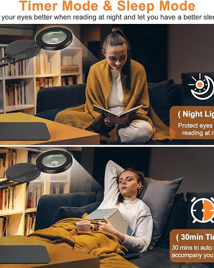 Magnifying Glass with Light and Stand, 5X&10X Lighted Magnifying Glass with Dust Cover, 3 Colors Stepless Dimming Magnifying Lamp with Night and 30Min Timer Mode for Reading Hobby Craft Close Work - LeafyLoom
