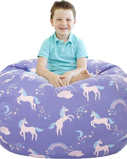Aubliss Stuffed Animal Storage Bean Bag, Unicorn Bean bag Chair, Stuff 'n Sit for Kids, Large 38"-Canvas Unicorn Blue - LeafyLoom
