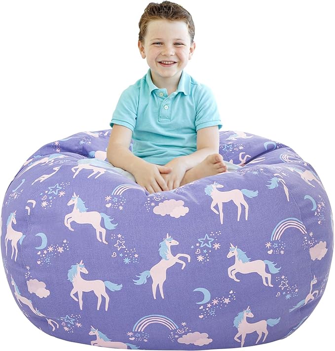 Aubliss Stuffed Animal Storage Bean Bag, Unicorn Bean bag Chair, Stuff 'n Sit for Kids, Large 38"-Canvas Unicorn Blue - LeafyLoom