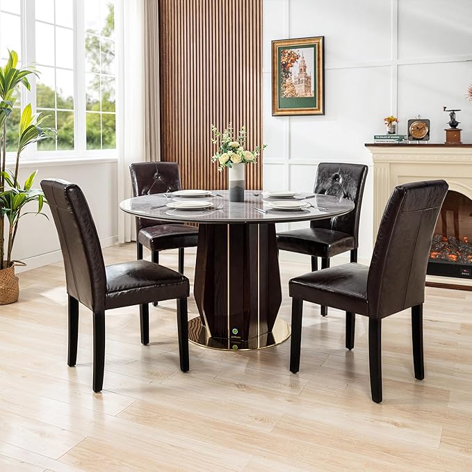 VECELO Upholstered Dining Chairs Set of 6 Modern PU Leather and Solid Wood Legs & High Back, Parsons for Kitchen/Living Room-Coffee - LeafyLoom