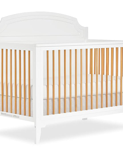 JPMA & Greenguard Gold Certified Milton 5-in-1 Convertible Crib Made with Sustainable New Zealand Pinewood in White and Natural, Non-Toxic Finish - LeafyLoom