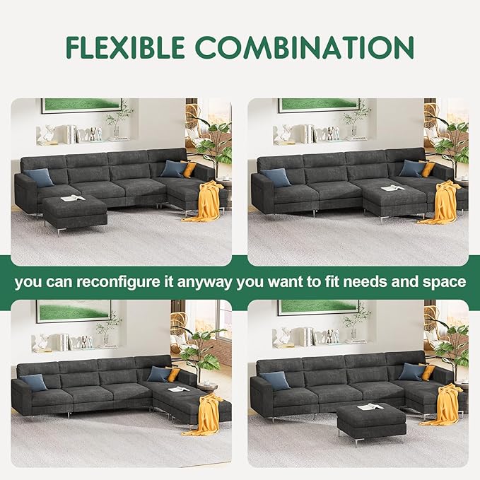 YESHOMY Convertible Sectional Sofa Modular Couch with Chaises and Removable Ottoman for Living Room, Dark Gray - LeafyLoom