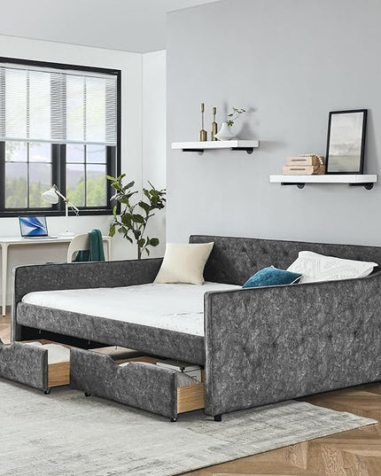 Queen Size Upholstered Daybed with Two Storage Drawers, Tufted Sofa Bed w/Waved Shape Arms, for Bedroom Living Room, No Box Spring Needed & Space-Saving Design, Grey - LeafyLoom