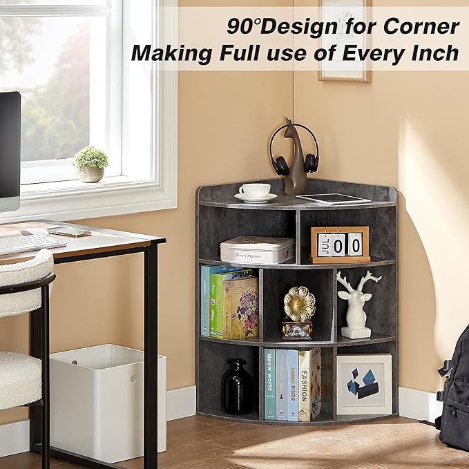 VECELO 3-Tier Corner Cabinet,Wooden Cube Storage Organizer with 8 Cubbies, Modern Bookshelf Units for Playroom, Bedroom, Living Room, Grey - LeafyLoom