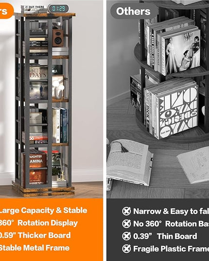 EasyCom Rotating Bookshelf with Metal Frame, 360 Display Wood Revolving Bookcase, 4-Tier Corner Bookshelf with Storage, Floor Standing Spinning Bookshelf for Living Room, Office, Brown - LeafyLoom