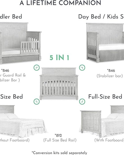 Evolur Santa Fe 5-in-1 Convertible Crib in Antique Mist, Greenguard Gold Certified, Features 3 Mattress Heights, Wooden Nursery and Bedroom Furniture, Baby Crib - LeafyLoom