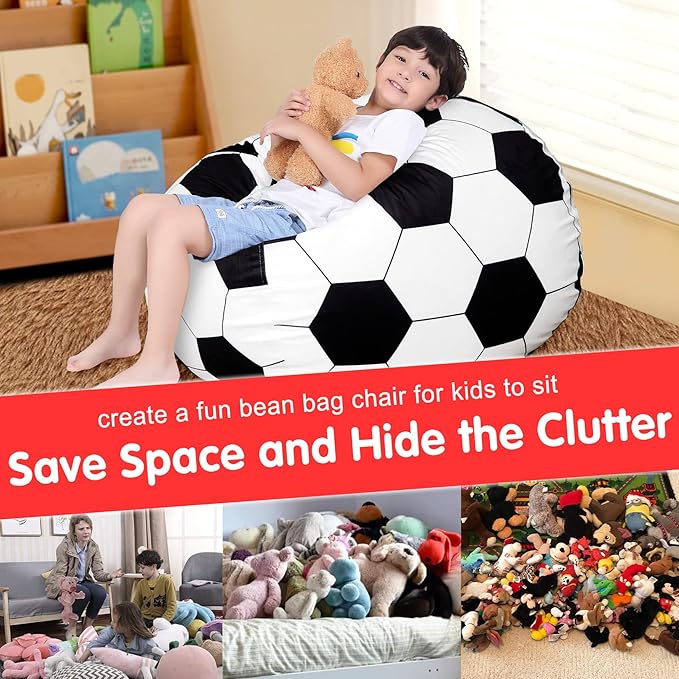 Lukeight Stuffed Animal Storage Bean Bag Chair Cover for Kids, Soccer Zipper Beanbag Chair Cover for Organizing Toddler & Kids' Rooms Plush Toys (Soccer Velvet, XX-Large) - LeafyLoom