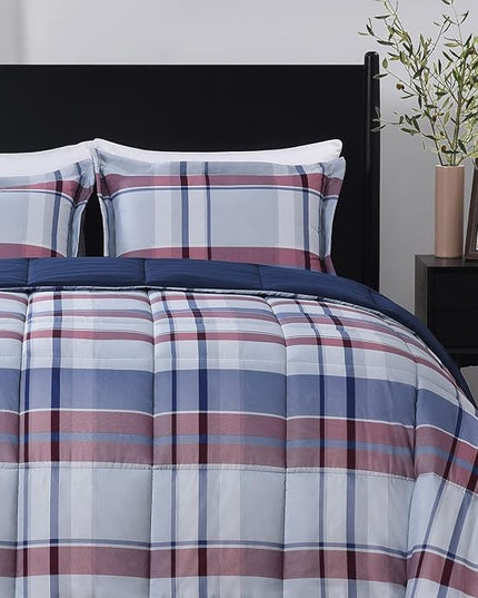 downluxe Queen Comforter Set(88"x92") 3-Piece,Plaid Navy Reversible Comforter,2 Reversible Pillow Shams 20"x26",Microfiber Queen Comforter,Soft and Comfortable - LeafyLoom