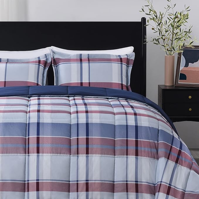 downluxe Queen Comforter Set(88"x92") 3-Piece,Plaid Navy Reversible Comforter,2 Reversible Pillow Shams 20"x26",Microfiber Queen Comforter,Soft and Comfortable - LeafyLoom