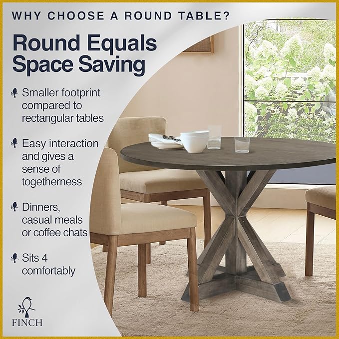 Finch Alfred Round Solid Wood Rustic Dining Table for Farmhouse Kitchen Room Decor, Wooden Trestle Pedestal Base, 46.5" Wide Circular Tabletop, Distressed Brown - LeafyLoom