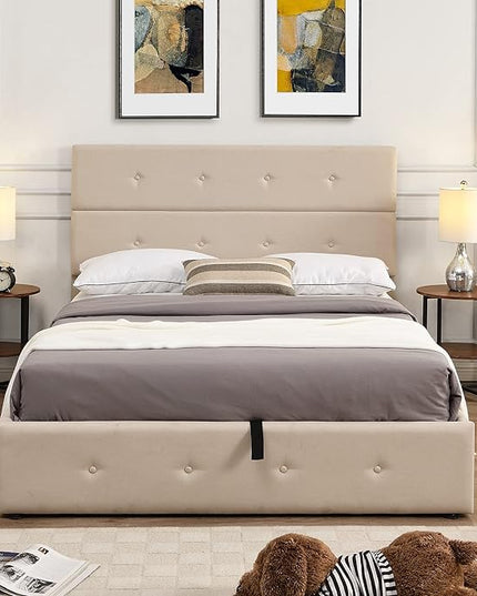 Upholstered Full Size Bed Gas Lift Up Storage Platform Bed Frame with Tufted Headboard Wooden Slat Support & Under Bed Storage, No Box Spring Needed - LeafyLoom