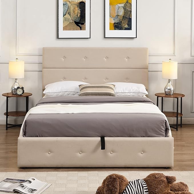 Upholstered Full Size Bed Gas Lift Up Storage Platform Bed Frame with Tufted Headboard Wooden Slat Support & Under Bed Storage, No Box Spring Needed - LeafyLoom