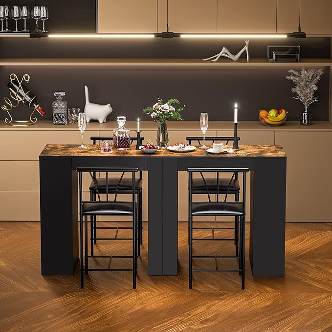 VECELO Small Bar Table and Chairs Tall Kitchen Breakfast Nook with Stools/Dining Set for 2, Storage Shelves, Space-Saving, Black - LeafyLoom