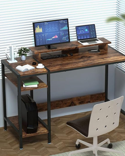 Gaming/Computer Desk - 47” Home Office Small Desk with Monitor Stand, Rustic Writing Desk for 2 Monitors, Adjustable Storage Space, Modern Design Corner Table. - LeafyLoom