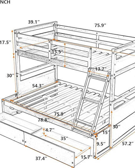 Bunk Bed Frame, Twin Over Full Bunk Bed with Safety Guardrail, Staircase and 2 Underbed Storage Drawers, Ideal Bed Frame for Kids Teens Girls Boys, Space Saving Bedroom Furniture, White - LeafyLoom
