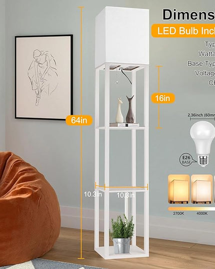 Floor Lamp with Shelves for Living Room White, Shelf Floor Lamp with 3 CCT LED Bulb, Corner Display Standing Column Lamp Etagere Organizer Tower Nightstand with White Linen Shade for Bedroom, Office - LeafyLoom