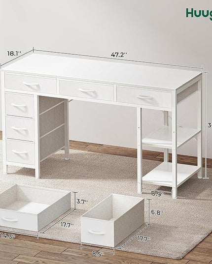 Computer Desk with 6 Drawers, 47 Inch Office Desk with Shelves, Reversible Gaming Desk, Corner Desk with Storage, Work Desk for Home Office, Study, Living Room, White - LeafyLoom