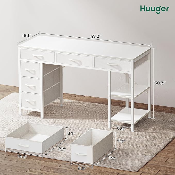 Computer Desk with 6 Drawers, 47 Inch Office Desk with Shelves, Reversible Gaming Desk, Corner Desk with Storage, Work Desk for Home Office, Study, Living Room, White - LeafyLoom