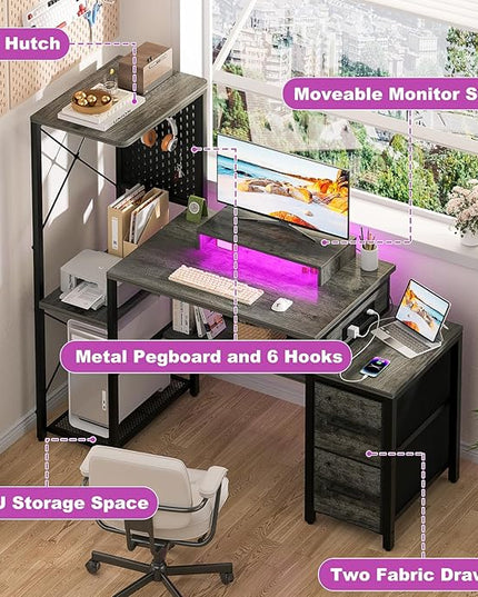 Small Gaming Desk with 2 Fabric Drawers - Reversible Computer Desk with Power Outlet & LED Lights, 49" Office Desk with Monitor Stand & Storage Shelves, Writing Study Table with Pegboard, Grey Oak - LeafyLoom
