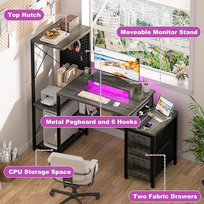 Small Gaming Desk with 2 Fabric Drawers - Reversible Computer Desk with Power Outlet & LED Lights, 49" Office Desk with Monitor Stand & Storage Shelves, Writing Study Table with Pegboard, Grey Oak - LeafyLoom