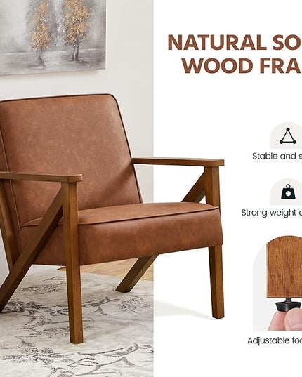 Yaheetech Accent Chair Faux Leather Armchair Lounge Chair with Wood Frame, Modern Retro Lounge Chair for Living Room/Office/Reception Area, Light Brown - LeafyLoom