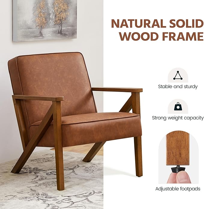 Yaheetech Accent Chair Faux Leather Armchair Lounge Chair with Wood Frame, Modern Retro Lounge Chair for Living Room/Office/Reception Area, Light Brown - LeafyLoom
