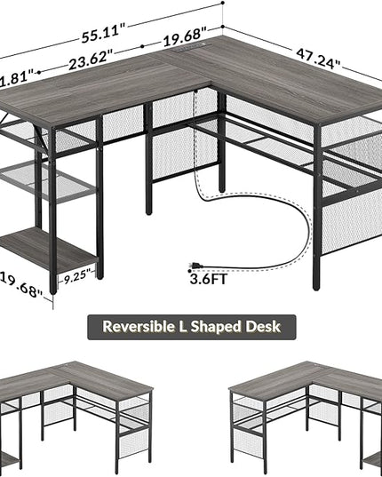 Unikito L Shaped Desk, Reversible Corner Computer Desks with Power Outlet and USB Charging Port, L- Shaped Office Desk with Storage Shelf and Under Bookshelf, Modern 2 Person Long Table, Enoch Walnut - LeafyLoom