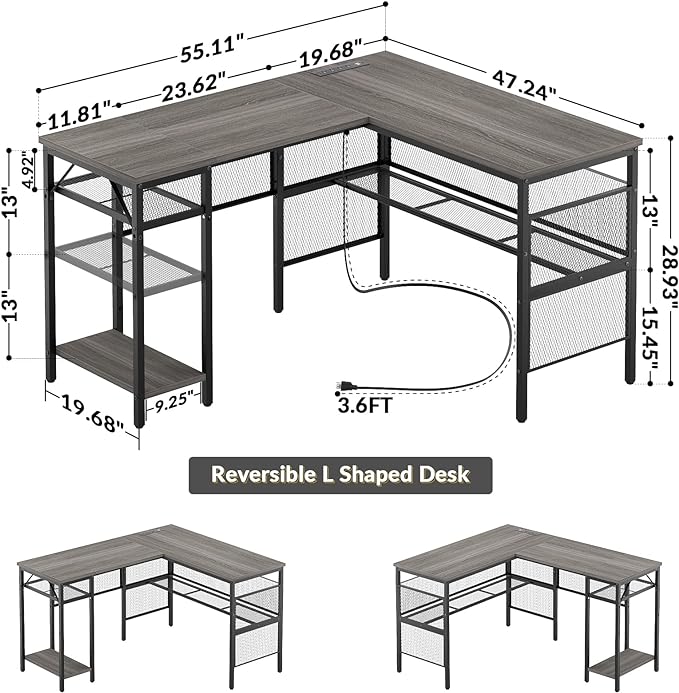 Unikito L Shaped Desk, Reversible Corner Computer Desks with Power Outlet and USB Charging Port, L- Shaped Office Desk with Storage Shelf and Under Bookshelf, Modern 2 Person Long Table, Enoch Walnut - LeafyLoom