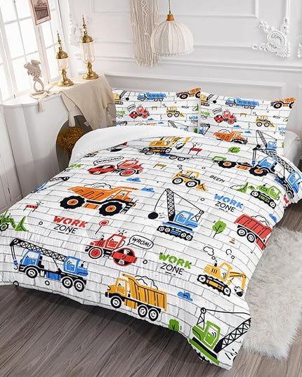Axolotl Construction Comforter Set Queen,Excavator Bedding Set,Construction Vehicles Comforter Set,Excavator Comforter,Excavator Tractor Trucks Bedding Set for Kids Boys Teens,1 Quilt 2 Pillowcases - LeafyLoom