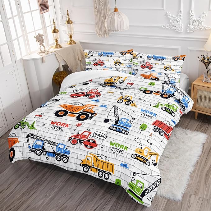 Axolotl Construction Comforter Set Twin,Excavator Bedding Set,Construction Vehicles Comforter Set,Excavator Comforter,Excavator Tractor Trucks Bedding Set for Kids Boys Teens,1 Quilt 2 Pillowcases - LeafyLoom