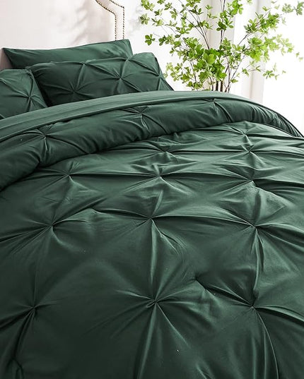 Ubauba 7pc King Size Comforter Set with Sheets Dark Green, Emerald 7 Pieces Pinch Pleat Bed in a Bag, All Season Hunter Green Beddings Set with Comforters (Green,King) - LeafyLoom