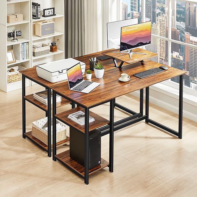 GreenForest Computer Home Office Desk with Monitor Stand and Reversible Storage Shelves,55 inch Modern Simple Writing Study PC Work Table,Walnut - LeafyLoom