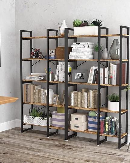 5 Tier Bookshelf and Bookcase, Rustic Industrial Bookshelf, Large Etagere Bookshelf Open Display Shleves with Metal Frame for Living Room Bedroom Home Office - LeafyLoom