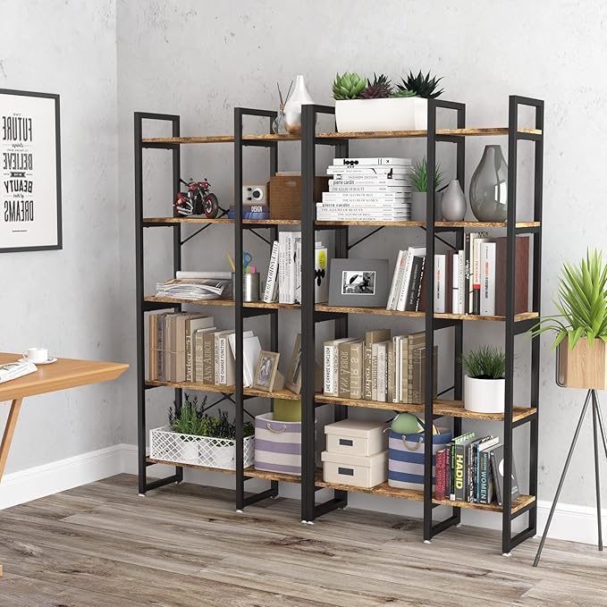 5 Tier Bookshelf and Bookcase, Rustic Industrial Bookshelf, Large Etagere Bookshelf Open Display Shleves with Metal Frame for Living Room Bedroom Home Office - LeafyLoom