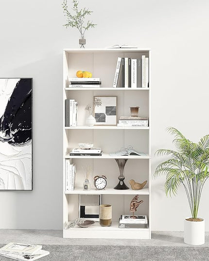 5-Tier Bookshelf, Wood Display Storage Shelves 67.3" Tall Bookcase Open Bookshelf for Home Office, Living Room and Bedroom,White - LeafyLoom
