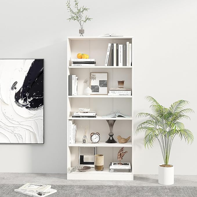 5-Tier Bookshelf, Wood Display Storage Shelves 67.3" Tall Bookcase Open Bookshelf for Home Office, Living Room and Bedroom,White - LeafyLoom