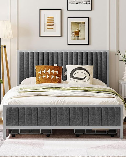 RITSU Full Size Upholstered Platform Bed with 4 Drawers, Metal Frame Tufting Linen Fabric Backrest, Large Storage Space for Bedroom, Apartment, No Need for Box Springs, Gray - LeafyLoom