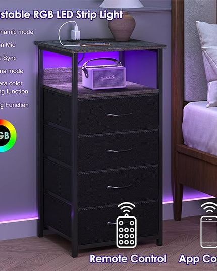 Fixwal Dressers for Bedroom Night Stand with Charging Station, LED Tall Nightstand with USB Ports and Outlets, 4 Fabric Storage Drawers with PU Finish, Small Dresser Bed Side Table, Charcoal Gray - LeafyLoom