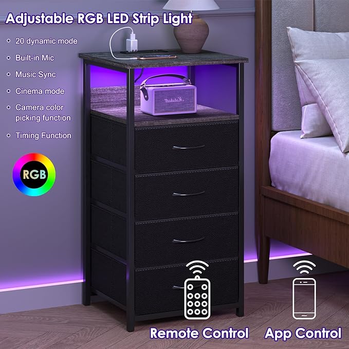 Fixwal Dressers for Bedroom Night Stand with Charging Station, LED Tall Nightstand with USB Ports and Outlets, 4 Fabric Storage Drawers with PU Finish, Small Dresser Bed Side Table, Charcoal Gray - LeafyLoom