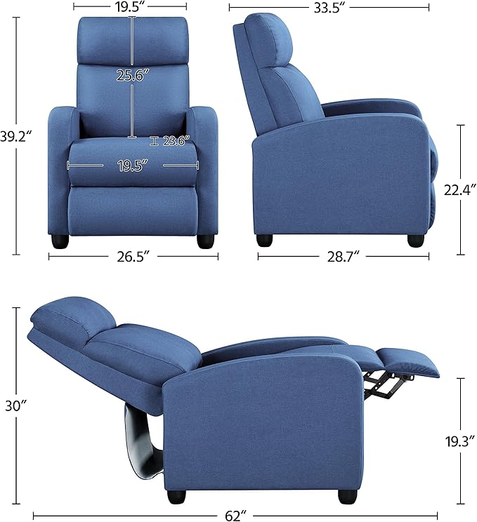Yaheetech Fabric Recliner Chair Sofa Ergonomic Adjustable Single Sofa with Thicker Seat Cushion Modern Home Theater Seating for Living Room Light Blue - LeafyLoom