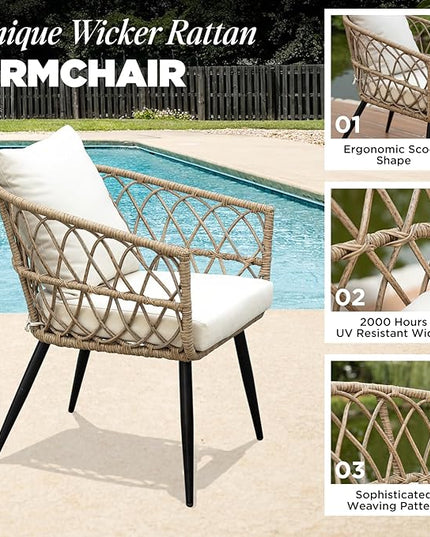 Heavy Duty 500lbs Weight Capacity Bistro Table and Chairs Set of 2 with Olefin Fabric Soft Cushions, Metal Wicker Armchairs Design - LeafyLoom